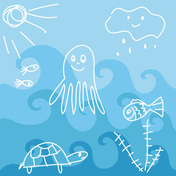 Sea theme, octopus, fish, turtle, sun and cloud on waves background. White on blue. Doodle style .