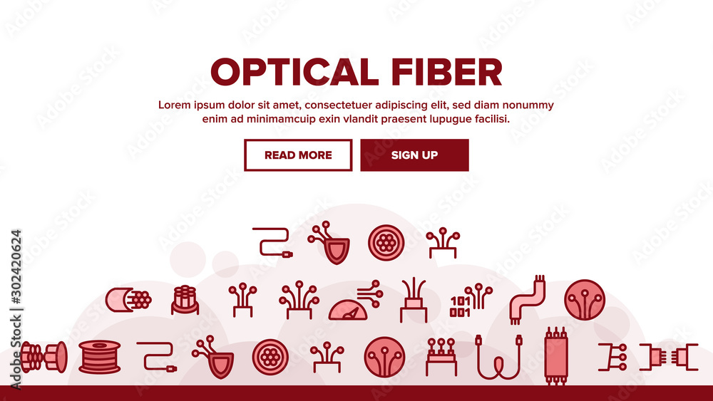 Poster optical fiber landing web page header banner template vector. network connection, computer wire, cab