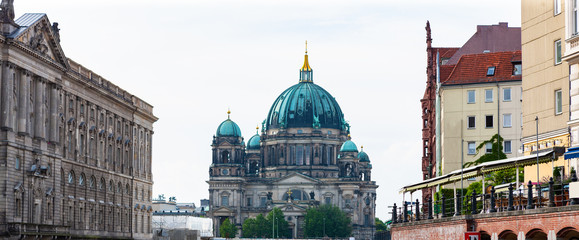 Berliner Dom (Berlin Cathedral) and Berlin skyline at Nikolaiviertal, Berlin, Germany