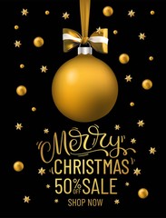 Christmas and new year sale banner with ball and bow.  Merry Christmas and Happy New Year offer banner