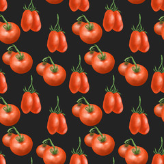 Seamless pattern with red tomatos, hand drawn on a dark background