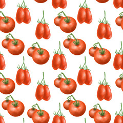 Seamless pattern with red tomatos, hand drawn on a white background