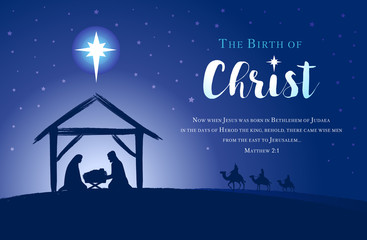 Fototapeta Christmas scene of baby Jesus in the manger with Mary and Joseph in silhouette, Bethlehem star and three kings on camels. Christian Nativity and text Matthew 2, 1, The Birth of Christ vector banner obraz