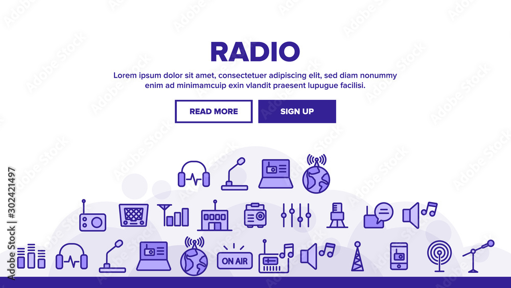 Poster radio program landing web page header banner template vector. modern and vintage radio device, micro