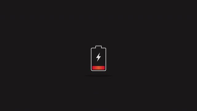 Digital low battery charging status indicator animation. Critical level, no energy, warning. Technologies concept. Device, gadget. Logo, icon. Black background. Loop animation