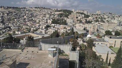 Aerial footage of the separation wall between Israel and the Palestinian Authority in Jerusalem