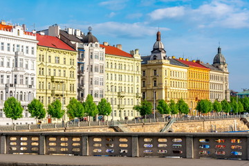Fototapeta premium Masarykova embankment architecture, Prague, Czech Republic