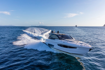 luxury motor yacht in navigation, aerial view