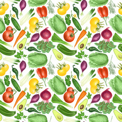 Seamless pattern with organic vegetables (tomatos, carrot, beetroot, purple onion, avocado, cucumber, zucchini, leek, cabbage, parsley, rosemary), hand drawn on a white background