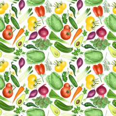 Seamless pattern with organic vegetables (tomatos, carrot, beetroot, purple onion, avocado, cucumber, zucchini, leek, cabbage, parsley, rosemary), hand drawn on a white background