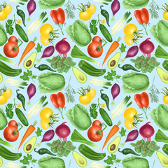 Obraz premium Seamless pattern with organic vegetables (tomatos, carrot, beetroot, purple onion, avocado, cucumber, zucchini, leek, cabbage, parsley, rosemary), hand drawn on a blue background