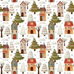 Christmas winter Seamless Pattern with Houses, snowfall, trees, pine, snowflake. Hand drawn illustration.