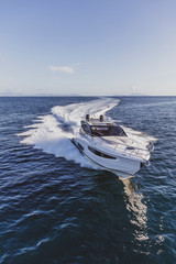 luxury motor yacht in navigation, aerial view