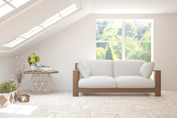 Stylish room in white color with sofa and summer landscape in window. Scandinavian interior design. 3D illustration