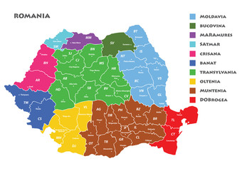 Map of Romania with the historic territories. Greater Romania map during the interwar period