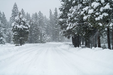 Snowy road with icy conditions.