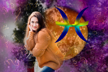 Woman and astrological symbols, zodiac sign Pisces.