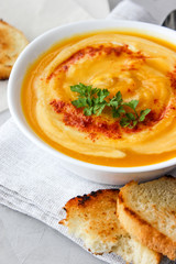 Pumpkin soup mashed potatoes with croutons