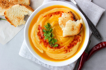 Pumpkin soup mashed potatoes with croutons
