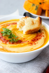 Pumpkin soup mashed potatoes with croutons