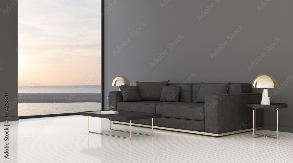 Poster view of living room space with dark fabric sofa and round side table on empty wall and bright lamina