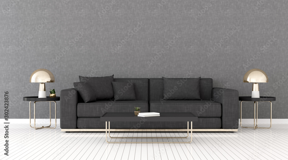 Poster view of living room space with dark fabric sofa and round side table on empty wall and bright lamina