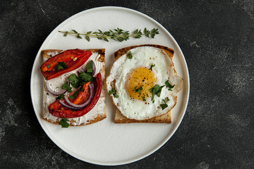 toast with vegetables, avocado sandwiches, fried egg sandwich. Gourmet sandwiches for breakfast, lunch.