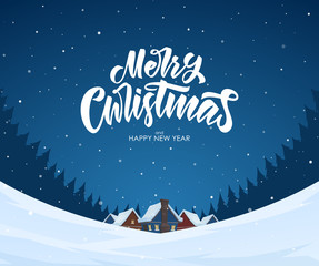 Fototapeta na wymiar Snowy landscape background with hand lettering of Merry Christmas, night village and pine forest.
