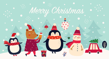 Vector Christmas banner with funny characters bear, snowman, penguin 