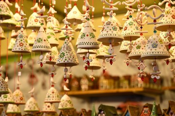 Florence, ITALY - DECEMBER 2018: small decorated bells hanging from the roof at the Christmas market in front of the 'Basilica of Santa Croce'. Christmas