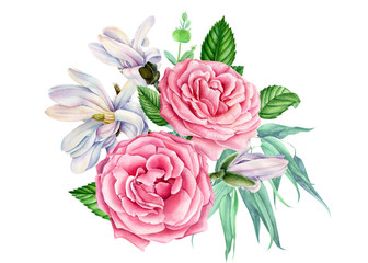 wedding bouquet, flowers on a white background, roses, eucalyptus, magnolia, hellebore, watercolor illustration, botanical painting