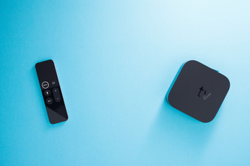 Remote control devices concept. Set of controller and micro console for TV watching and online...