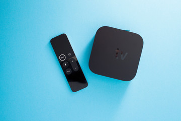 Remote control devices concept. Set of controller and micro console for TV watching and online...