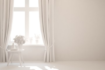 Empty room in white color. Scandinavian interior design. 3D illustration