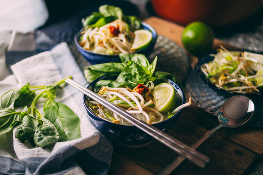 Tasty Vietnamese Pho soup with rice noodles and chicken