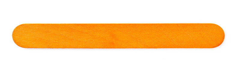 Orange medical throat inspection wooden spatula, isolated on white background, top view