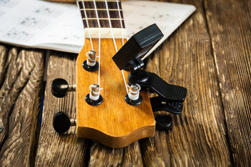 Fototapeta premium Ukulel with a reed on old boards