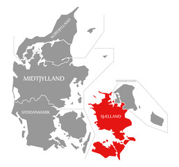 Sjælland red highlighted in map of Denmark