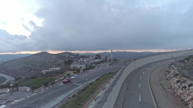 Aerial footage of the separation wall between Israel and the Palestinian Authority in Jerusalem