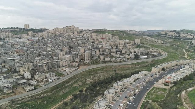 Aerial footage of the separation wall between Israel and the Palestinian Authority in Jerusalem