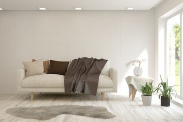 Stylish room in white color with sofa. Scandinavian interior design. 3D illustration