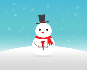 Snowman holding Christmas gift on blue background