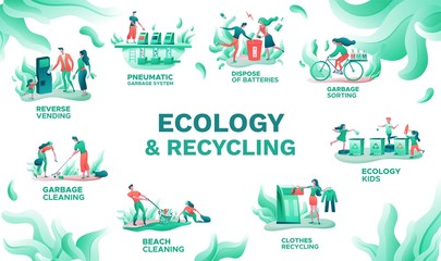 Fototapeta na wymiar Ecology infographics set, vector illustration with garbage sorting, clothes recycling, trash disposal, cartoon people cleaning nature, flat vector background