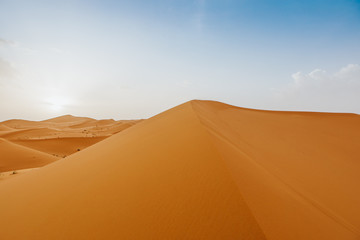 Naklejka na ściany i meble Desert landscape with orange dunes and blue sky at sunset.