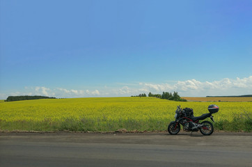 Fototapeta na wymiar Driver riding motorcycle on an asphalt road through forest.
