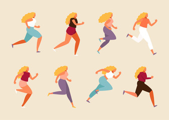 Running girl in various positions. Vector flat illustration