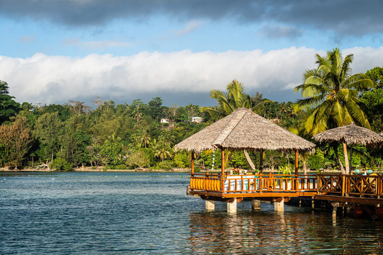 Tropical hut in the Port Vila lagoon in Vanuatu in the south Pacific