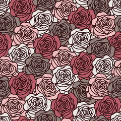 Vector floral dense seamless pattern in pink. Simple doodle rose hand drawn made into repeat. Great for background, wallpaper, wrapping paper, packaging, valentines day.
