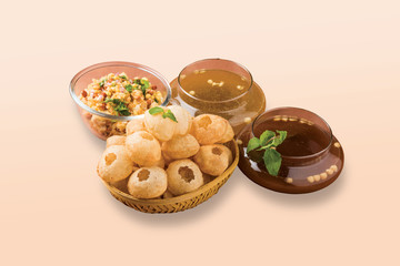 The Traditional Indian food named Pani puri or Golgappe, Sev Puri, Chat, bhel puri, Panipuri,...