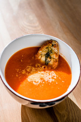 Tomato Soup with Parmesan Cheese Bread in Natural Light and Sunlight